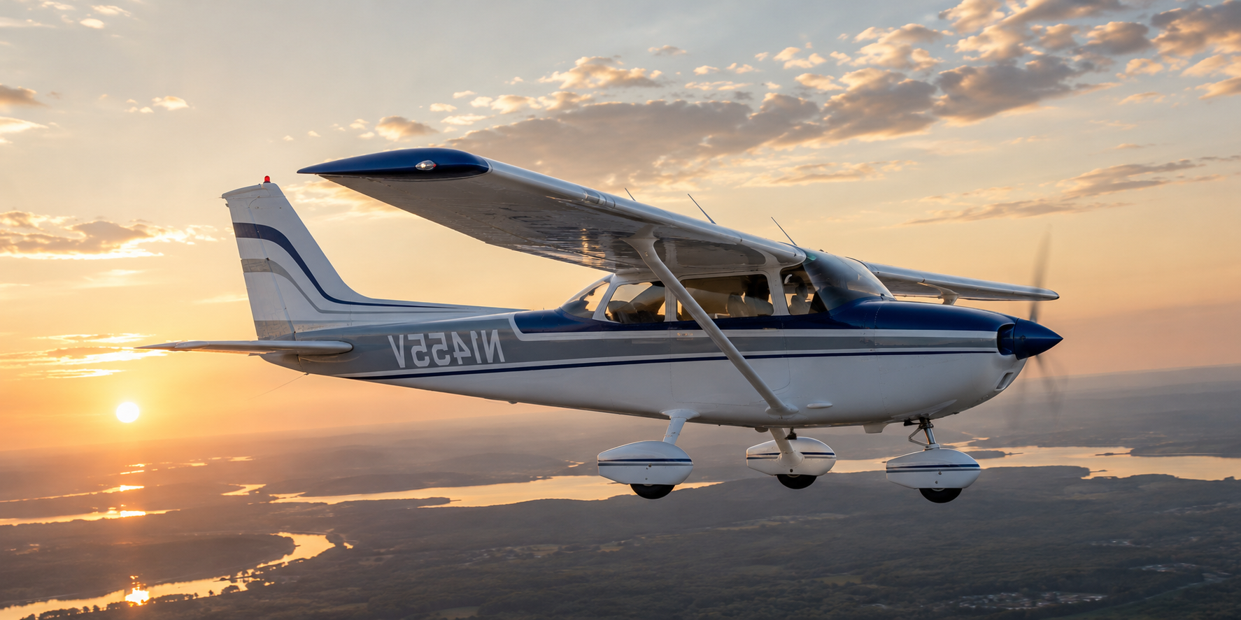 Blue-and-white Cessna 172 flying above rivers and rolling countryside at sunset, showcasing the freedom and beauty of general aviation flight.