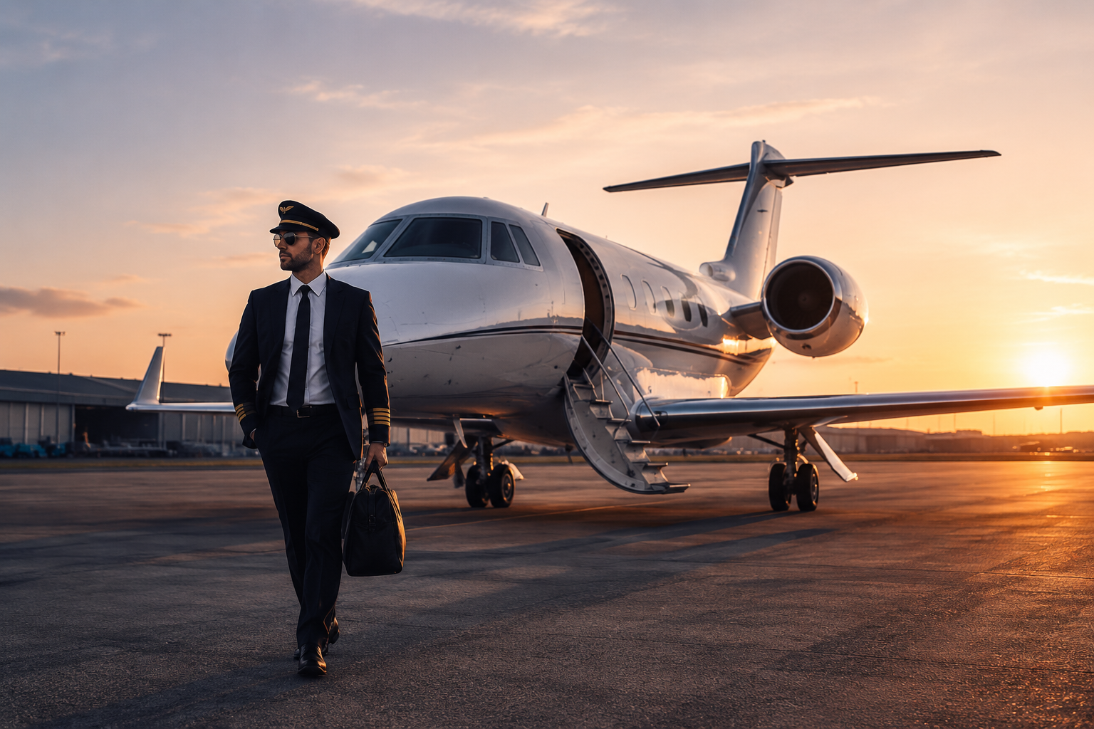 Man in formal attire walking towards a private jet on a runway at sunset.