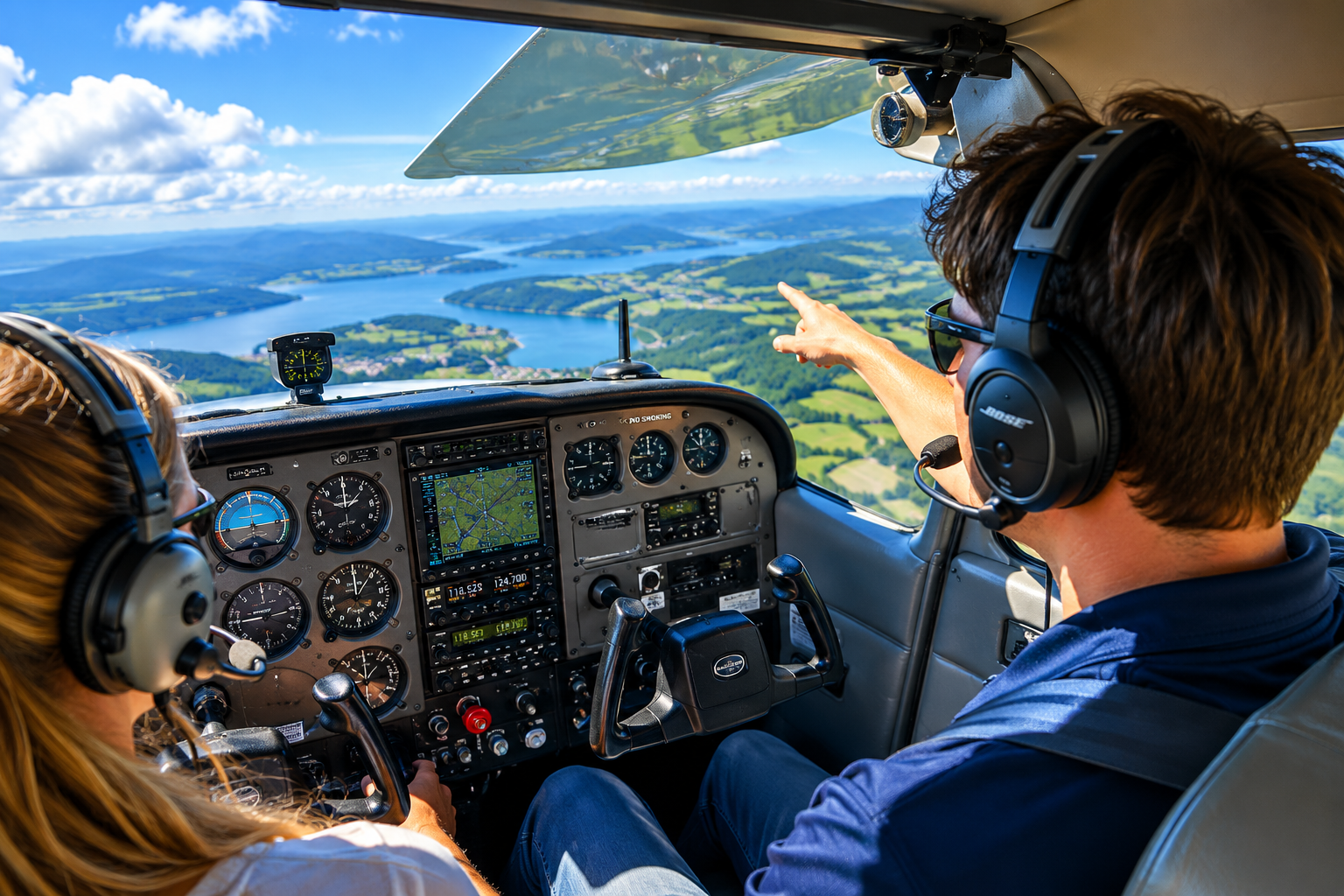 Flight instructor in a Cessna 172 cockpit pointing toward the horizon while providing flight training and guidance to a student pilot.