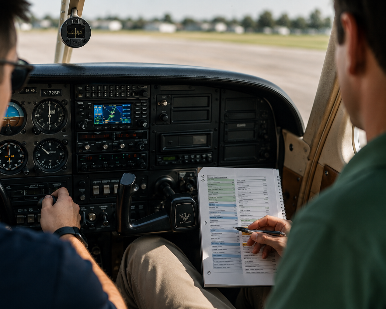 Flight instructor and student pilot reviewing a preflight checklist inside a Cessna 172 cockpit, emphasizing safety, training, and professional flight instruction.