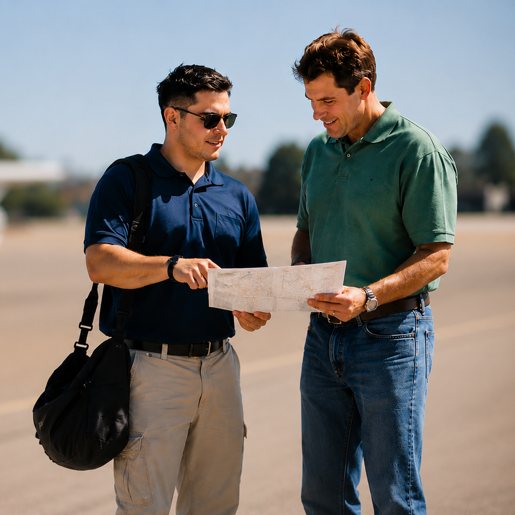 An instructor and student standing beside your blue-and-white Cessna 172, reviewing a sectional chart after a flight.
