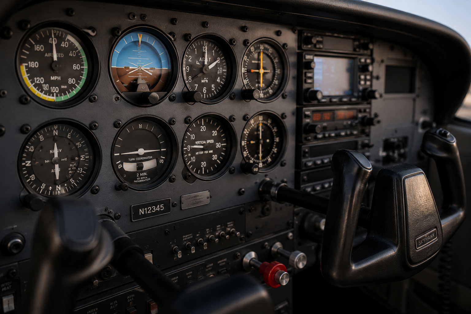 Aircraft cockpit dashboard with various gauges and instruments.