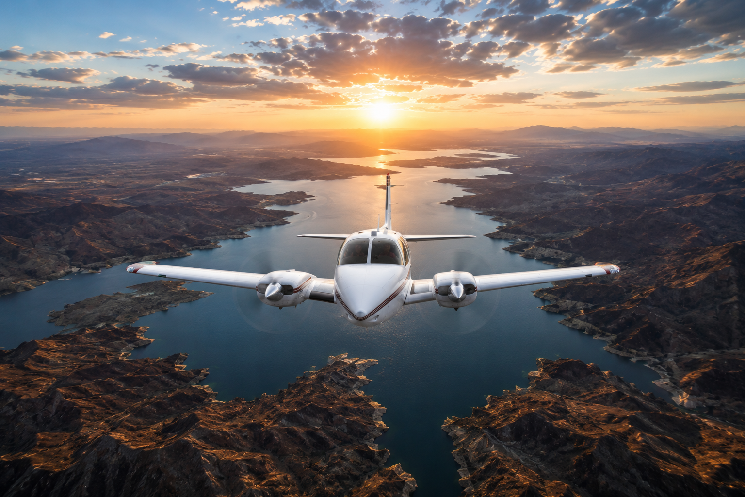Multi-engine airplane flying over a scenic landscape with a sunset.