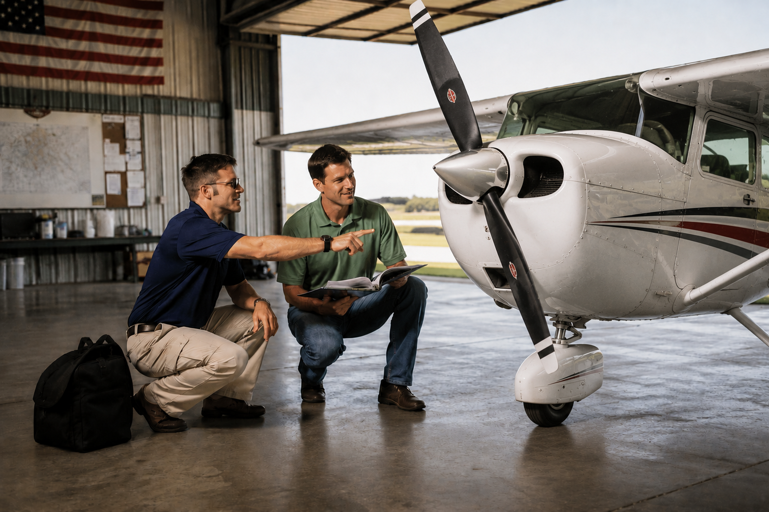 Flight instructor and student pilot reviewing a preflight inspection beside a single-engine training aircraft inside a sunlit hangar.