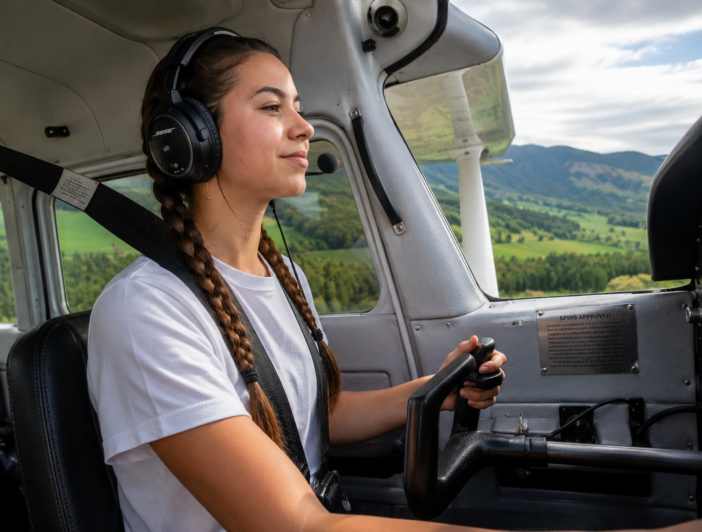 Student pilot flying a Cessna 172 during her first solo flight, confidently controlling the aircraft while overlooking scenic countryside through the cockpit windows.