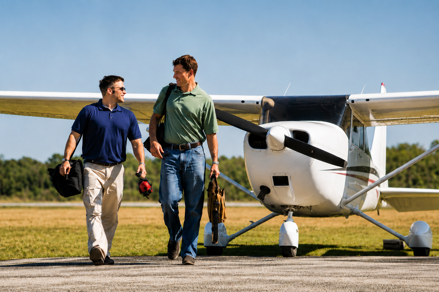 Flight instructor and student pilot walking together on the airport ramp beside a Cessna 172 after a training flight, representing mentorship, guidance, and aviation education.
