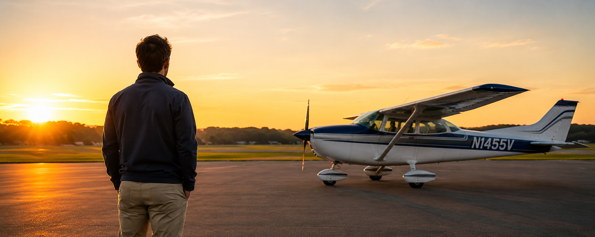 Future pilot standing beside Tailwind Air's Cessna 172 at sunset, reflecting on the journey toward earning a pilot certificate and achieving aviation goals.